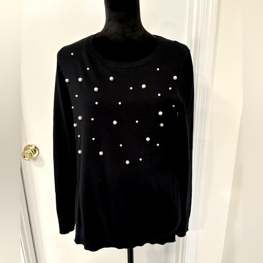 Loft Black crew nevk sweater with faux Pearl buttons size med